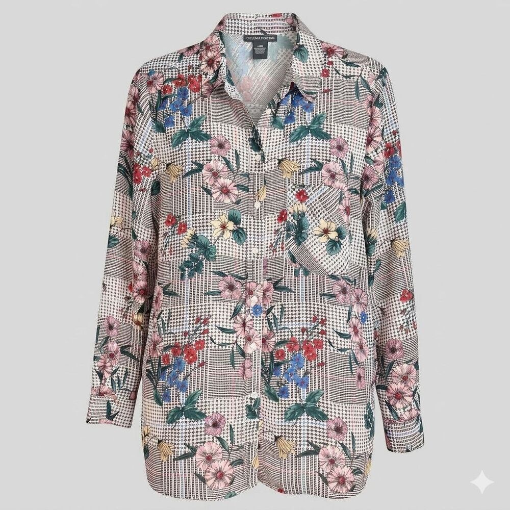 Chelsea & Theodore L Plus Size Floral Houndstooth Button Up Blouse Grandmacore
